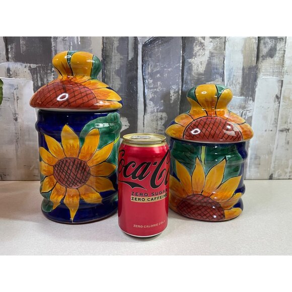 Mexican Blue Talavera Pottery Canister Set of 2 Sunflower w/ Lids - Picture 6 of 16